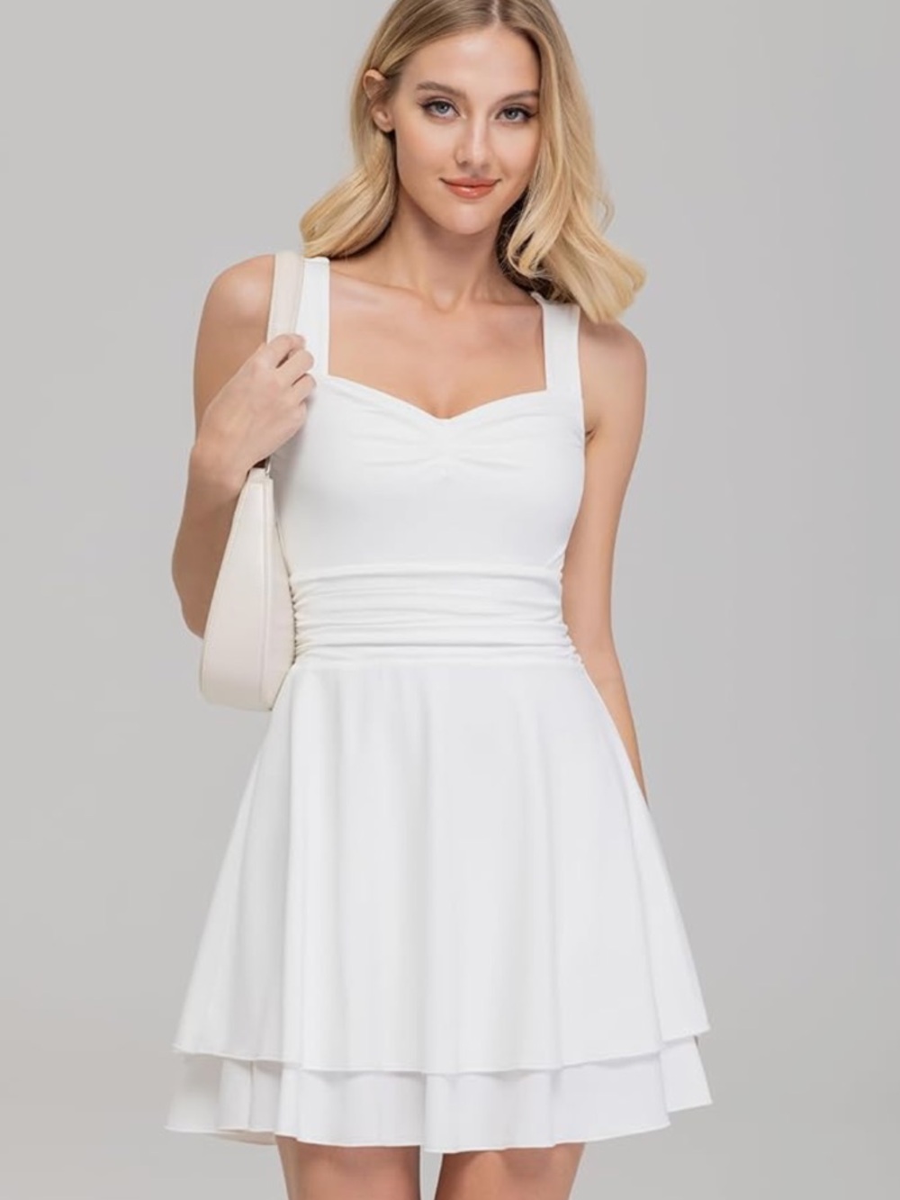 White Square-Neck Mini Dress with Tiered Skirt
